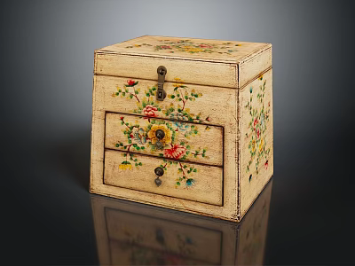 Vintage Wooden Drawer Box With Hand Painted Floral Patterns And Metal Handles 3d model