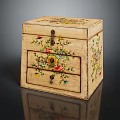 Vintage Wooden Drawer Box With Hand Painted Floral Patterns And Metal Handles