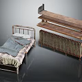 Vintage Single Bed With Old Frame Plaid Blanket And Wooden Shelf Near Radiator