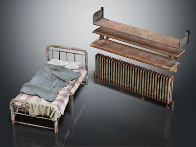 Vintage Single Bed With Old Frame Plaid Blanket And Wooden Shelf Near Radiator 3d model