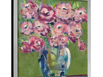 Vibrant Oil Painting Of Pink Roses In Blue Vase On Green Background 3d model