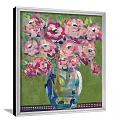 Vibrant Oil Painting Of Pink Roses In Blue Vase On Green Background