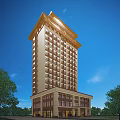 Tall Modern Residential Building With Bright Lighting And Green Trees Under Blue Sky