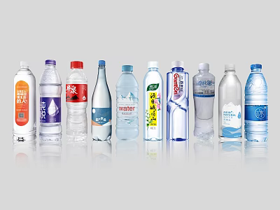 Assorted Bottled Water From Different Brands With Transparent Bottles And Label Designs 3d model