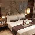 Modern Hotel Room Interior With Large Bed White Linens Dark Pillows Sofa And Curtains