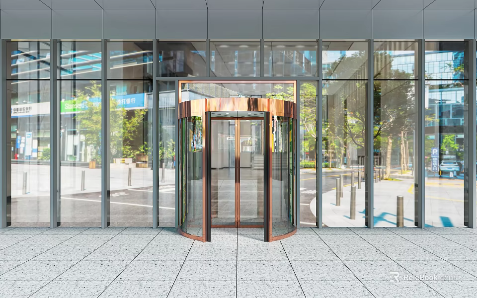 Modern Glass Building Entrance With Bronze Revolving Door And Stone Floor 3d model 