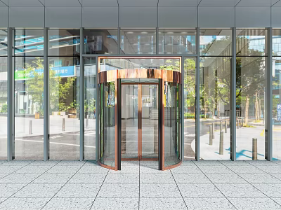 Modern Glass Building Entrance With Bronze Revolving Door And Stone Floor 3d model