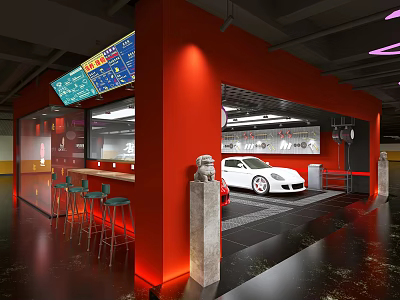 Modern 4S Dealership Interior With Red Walls White Sports Car And Bar Stools 3d model