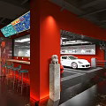 Modern 4S Dealership Interior With Red Walls White Sports Car And Bar Stools