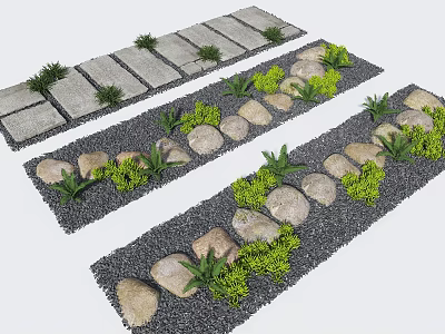 Garden Path Paving Design With Stone Slabs Pebbles Gravel And Green Plants 3d model