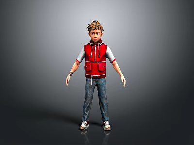 3D Character Model Boy in Red Vest White T-Shirt Blue Jeans White Sneakers Gray Background 3d model