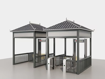 Traditional Style Office Corridor With Tile Roof Railing And Access Control Gates 3d model