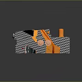 Abstract Orange And Black White Checkered Geometric Model With Stacked Boxes And Cylindrical Parts