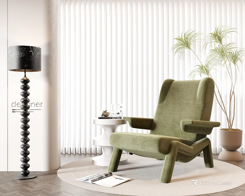Modern Green Accent Chair With Comfortable Design In Room Featuring Floor Lamp And Potted Plant 3d model 