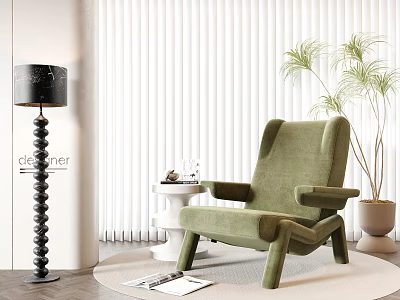 Modern Green Accent Chair With Comfortable Design In Room Featuring Floor Lamp And Potted Plant 3d model