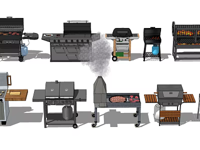 Outdoor Grill Collection Featuring Various Styles With Smoke And Wooden Shelves 3d model