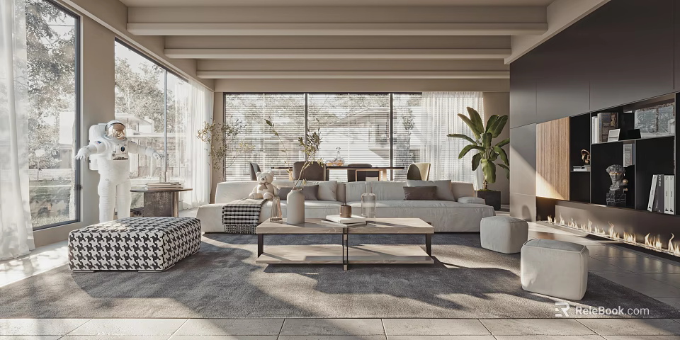 Modern Living and Dining Room Interior With Large Windows Sofa Coffee Table And Dining Table 3d model 