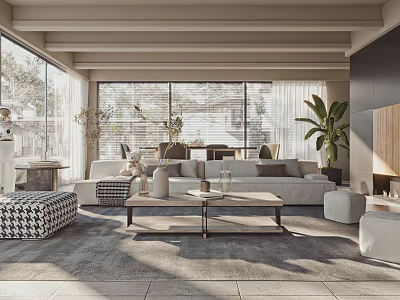 Modern Living and Dining Room Interior With Large Windows Sofa Coffee Table And Dining Table 3d model