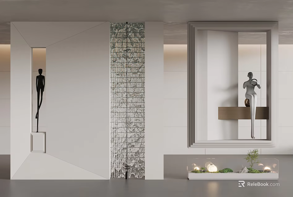 Modern Entryway Hallway Interior Design With Glass Partition Black Sculpture Large Mirror And Green Plants 3d model 