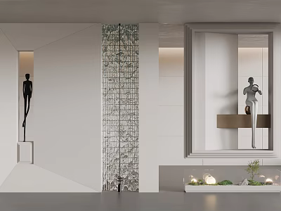 Modern Entryway Hallway Interior Design With Glass Partition Black Sculpture Large Mirror And Green Plants 3d model