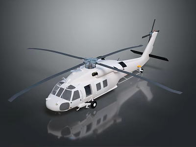 White Utility Helicopter with Rotors and Reflective Ground Surface Design 3d model