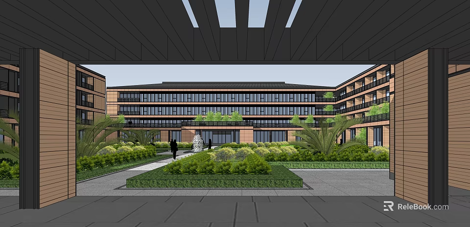 Modern Office Building Exterior With Landscaped Gardens Multi Story Glass Windows And Central Entrance 3d model 