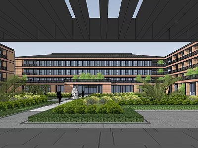 Modern Office Building Exterior With Landscaped Gardens Multi Story Glass Windows And Central Entrance 3d model