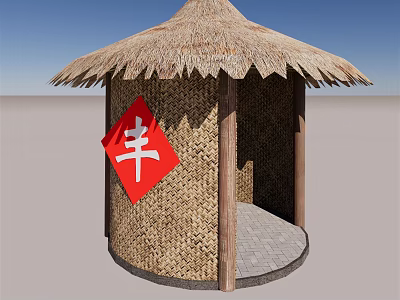 Traditional Thatched Roof Round Hut With Woven Walls And Red Feng Character 3d model
