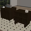 Modern Black Nightstands With Drawers Cabinets Clock And Decorative Items On Checkered Rug