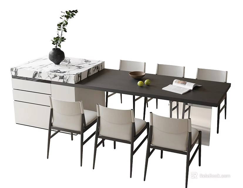 Modern Black Dining Table and Chairs Set with White Cabinet Marble Top Green Plant 3d model 