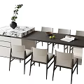 Modern Black Dining Table and Chairs Set with White Cabinet Marble Top Green Plant