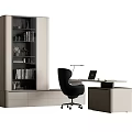 Modern Office Desk With Laptop Desk Lamp Ergonomic Chair Glass Door Bookshelf And Drawer Cabinet