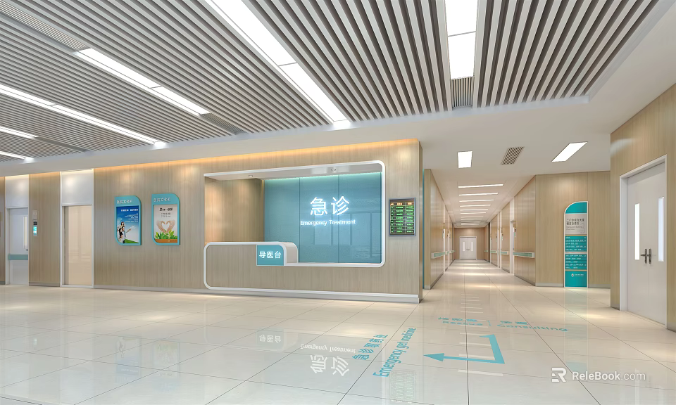 Modern Emergency Hall Interior With Reception Counter Directional Signs And Bright Lighting 3d model 