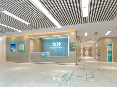 Modern Emergency Hall Interior With Reception Counter Directional Signs And Bright Lighting 3d model