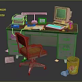 Children Learning At Vintage Study Desk With Retro Green Screen Computer Books And Wooden Chair