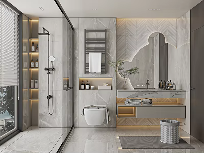 Modern Bathroom Interior Design With Glass Shower Enclosure Marble Wall Vanity And Mirror 3d model