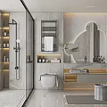 Modern Bathroom Interior Design With Glass Shower Enclosure Marble Wall Vanity And Mirror
