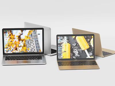 Modern Portable Laptops In Silver And Gold With Open Screens And Sleek Design 3d model