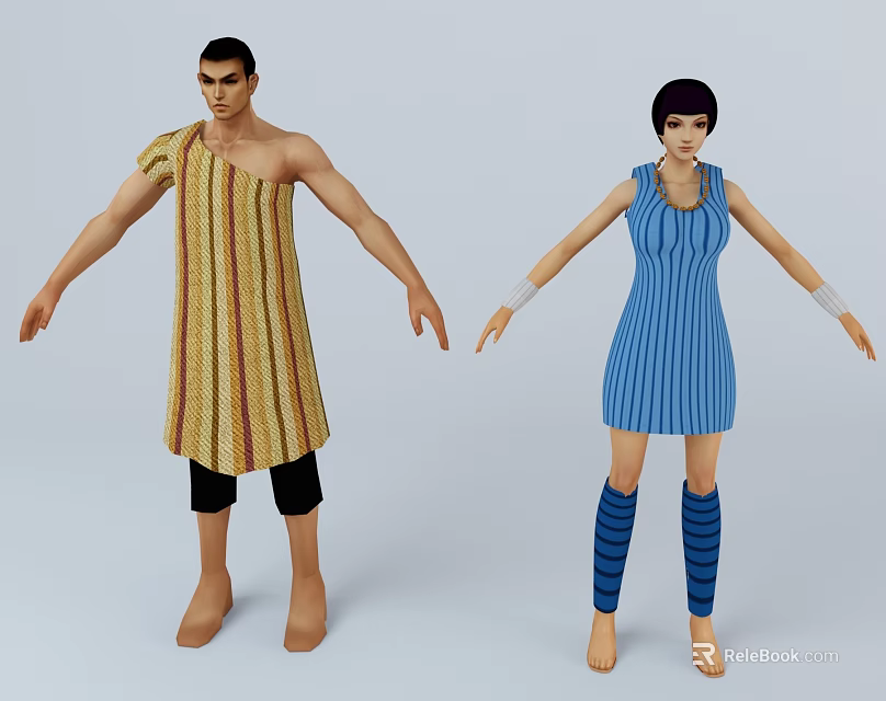 Two 3D Characters Male Female in Striped Robe Dress and Stockings Standing with Arms Outstretched 3d model 