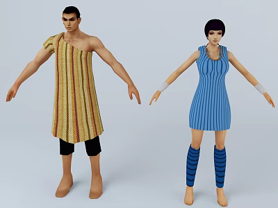 Two 3D Characters Male Female in Striped Robe Dress and Stockings Standing with Arms Outstretched 3d model
