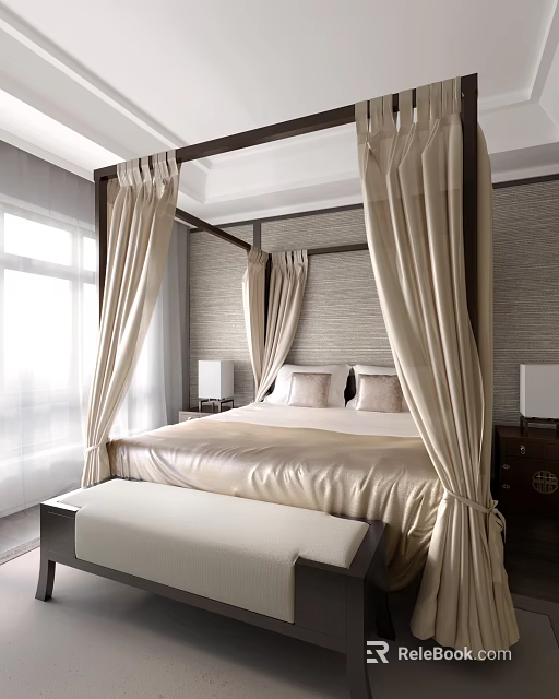 Elegant Four-Poster Double Bed in Bedroom with Beige Curtains Golden Bedding Bedside Tables and Bench 3d model 