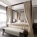 Elegant Four-Poster Double Bed in Bedroom with Beige Curtains Golden Bedding Bedside Tables and Bench