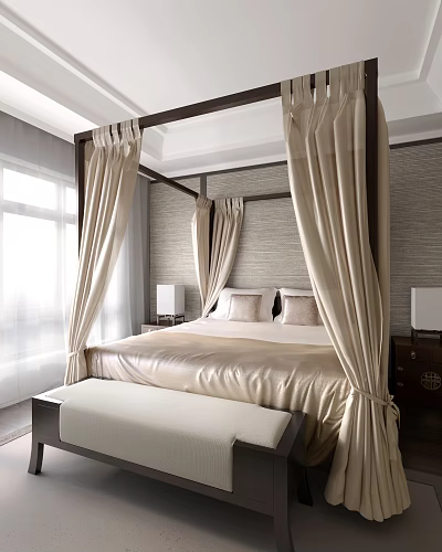Elegant Four-Poster Double Bed in Bedroom with Beige Curtains Golden Bedding Bedside Tables and Bench 3d model