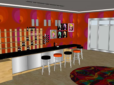 Stylish Bar Interior With Orange Pink Walls Decorative Paintings Wine Racks And Colorful Rug 3d model