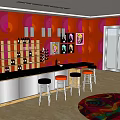 Stylish Bar Interior With Orange Pink Walls Decorative Paintings Wine Racks And Colorful Rug