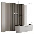 Modern Vertical Striped Feature Wall With LOGO Display Reception Counter And Hanging Light 3d model
