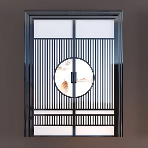 New Chinese Double Door Solid Wood Glass Ink Double Door 3d model