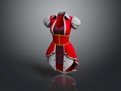 Red And White Collared Dress With Puffed Sleeves Yellow Belt And Layered Skirt 3d model