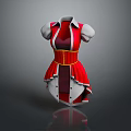 Red And White Collared Dress With Puffed Sleeves Yellow Belt And Layered Skirt