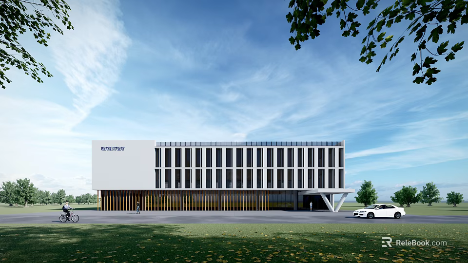 Modern Office Building With Glass Windows White Exterior And Landscaped Surroundings 3d model 